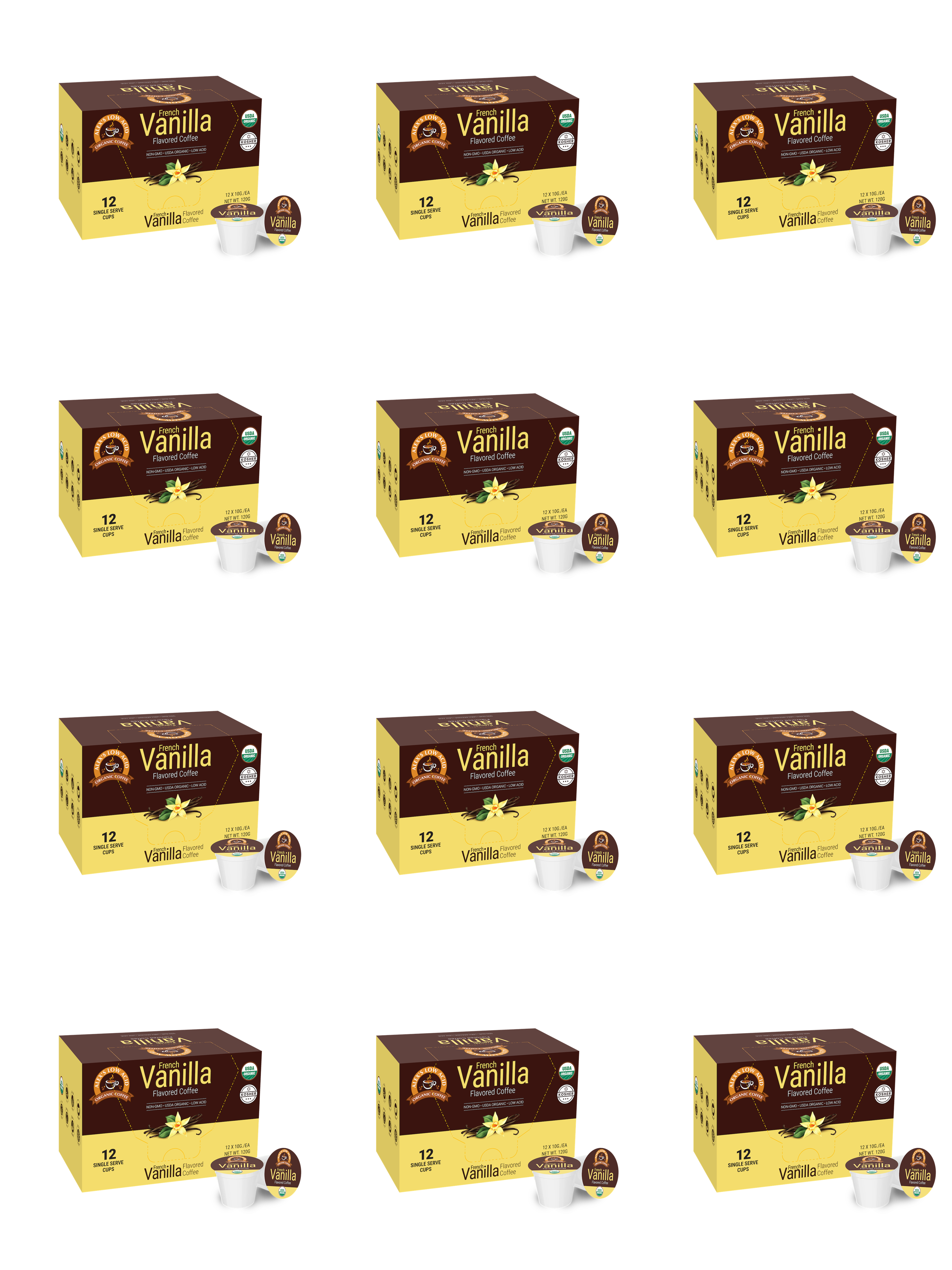 Twelve boxes of French Vanilla flavored coffee pods are arranged in a grid, each box prominently displaying the flavor and quantity, with a small coffee pod next to each box.