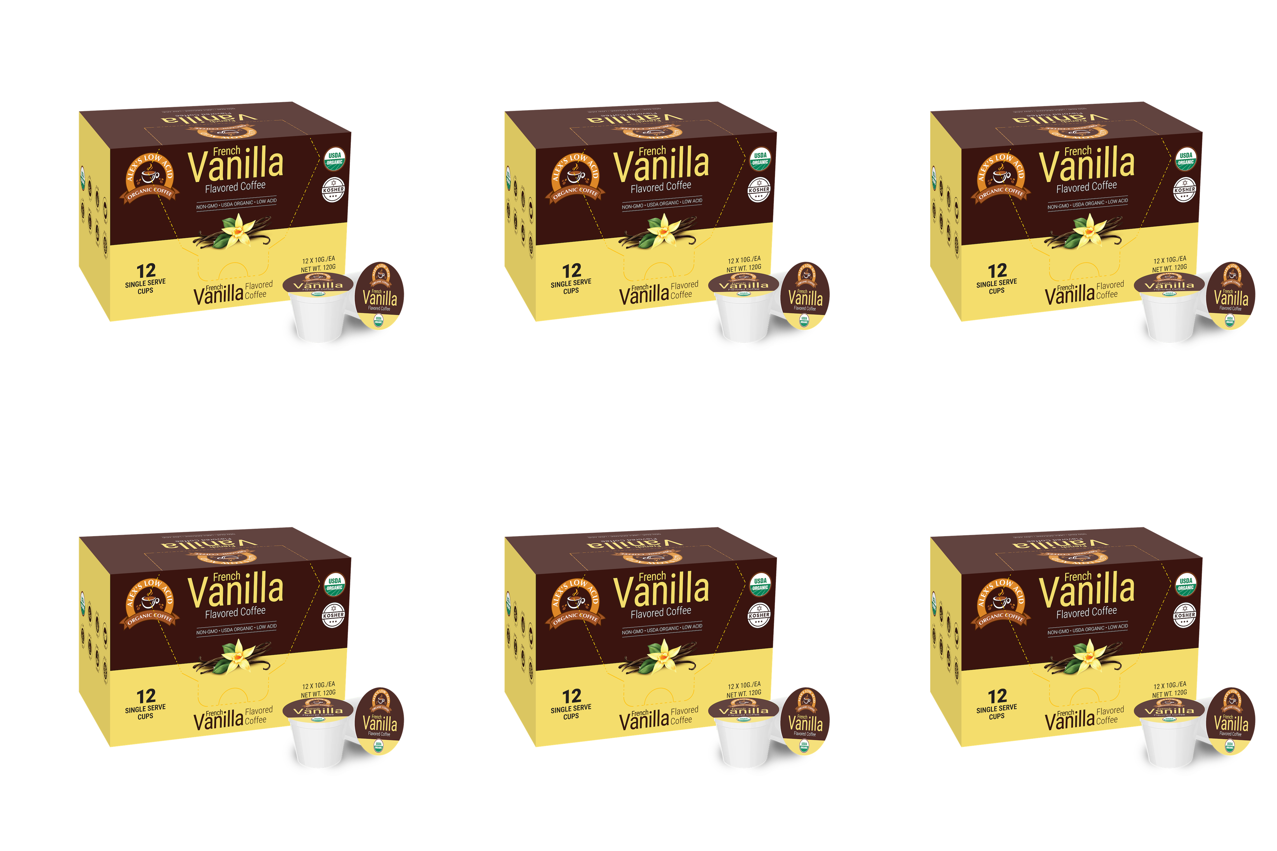 A grid of six boxes of French Vanilla flavored coffee, each containing 12 single-serve cups, features a prominent label highlighting the flavor and USDA organic certification.