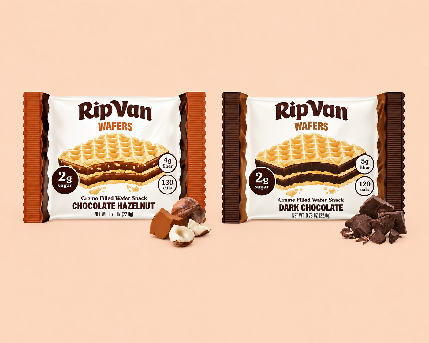 Two packages of RipVan Wafers, one labeled "Chocolate Hazelnut" and the other "Dark Chocolate," are displayed against a light peach background, with hazelnuts and chocolate pieces beside them.