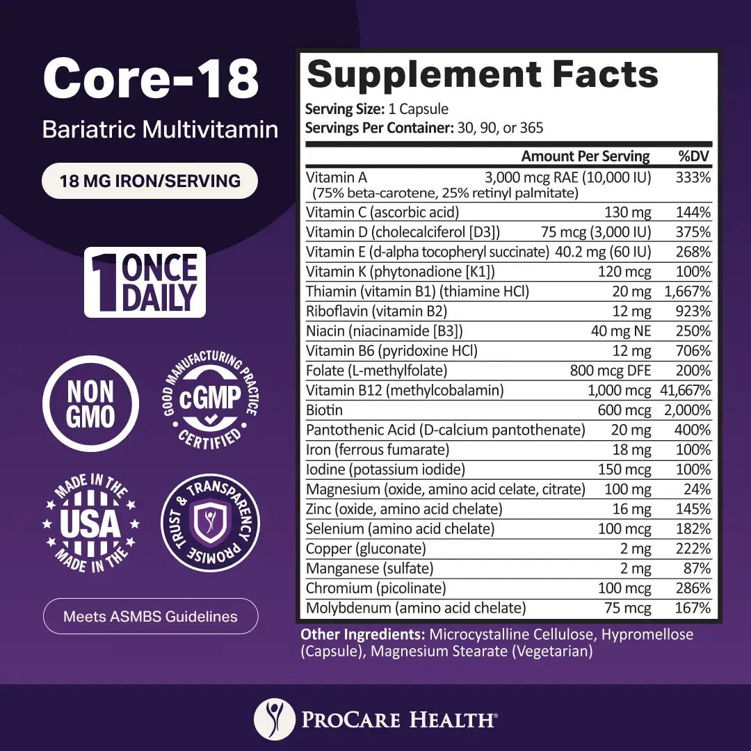 A supplement facts label for Core-18 Bariatric Multivitamin, detailing ingredients, serving size, and nutritional values, emphasizing non-GMO and cGMP certification, made in the USA.