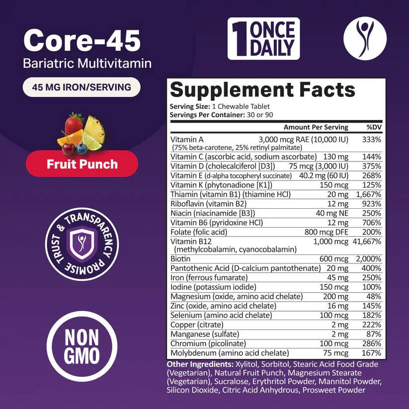 ProCare Health Once Daily Core-45 Chewable Bariatric Multivitamin with 45mg Iron, Fruit Punch Flavor, 30 Tablets