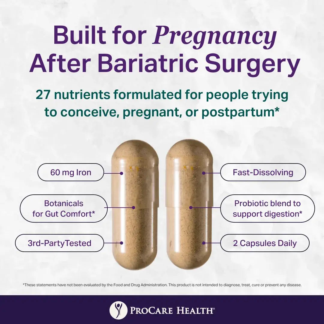 Two dietary capsules are displayed against a light background, labeled with benefits such as iron content, gut comfort botanicals, and a probiotic blend, designed for those pregnant or postpartum after bariatric surgery.