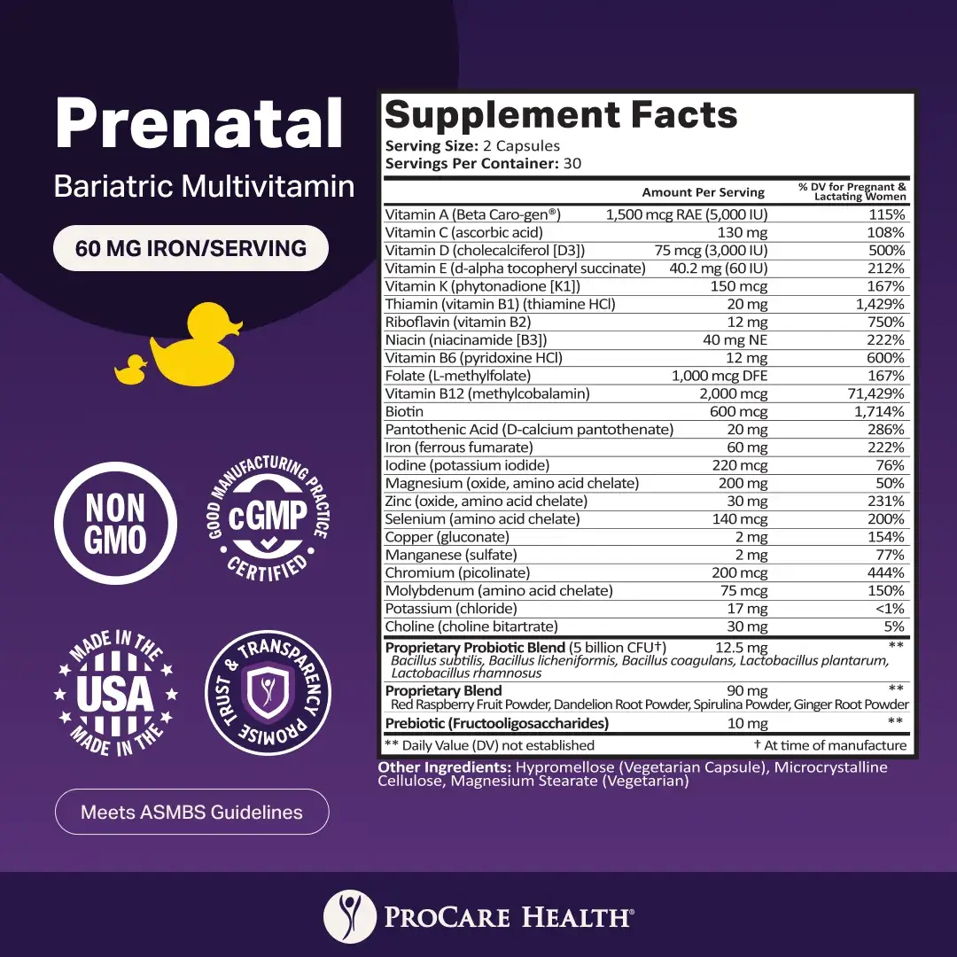 A purple product label lists supplement facts for ProCare Health's Prenatal Bariatric Multivitamin, highlighting ingredients, serving size, and certifications like Non-GMO and made in the USA.