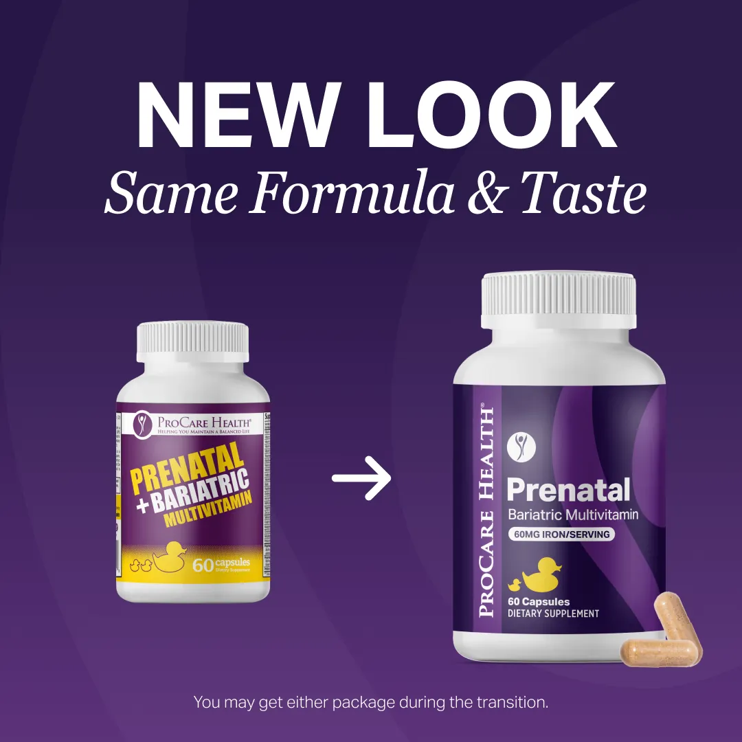 Two bottles of ProCare Health prenatal vitamins are shown side by side, with the left bottle labeled "Prenatal + Bariatric Multivitamin" and the right bottle featuring a new design, indicating a transition to a new look.