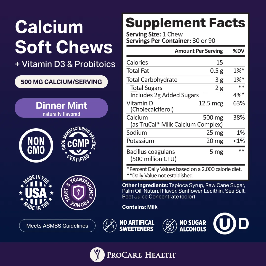 The image displays a product label for ProCare Health's Calcium Soft Chews, highlighting key nutritional information, including 500 mg of calcium per serving and a mint flavor.