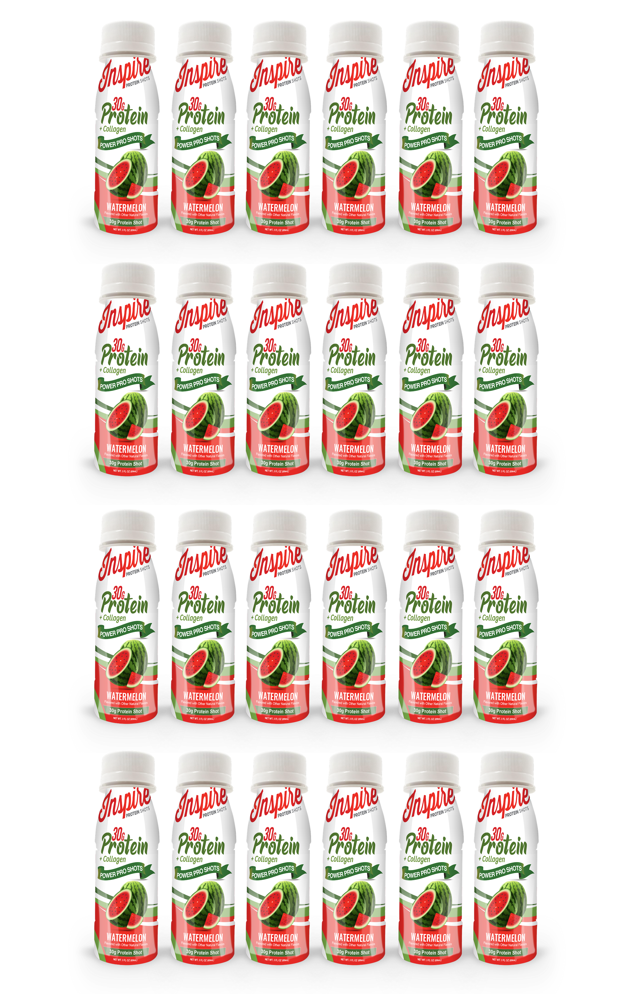 A display of 20 white bottles of Inspire Protein Collagen Power Pro Shots, labeled "Watermelon," arranged in four rows on a gray shelf.