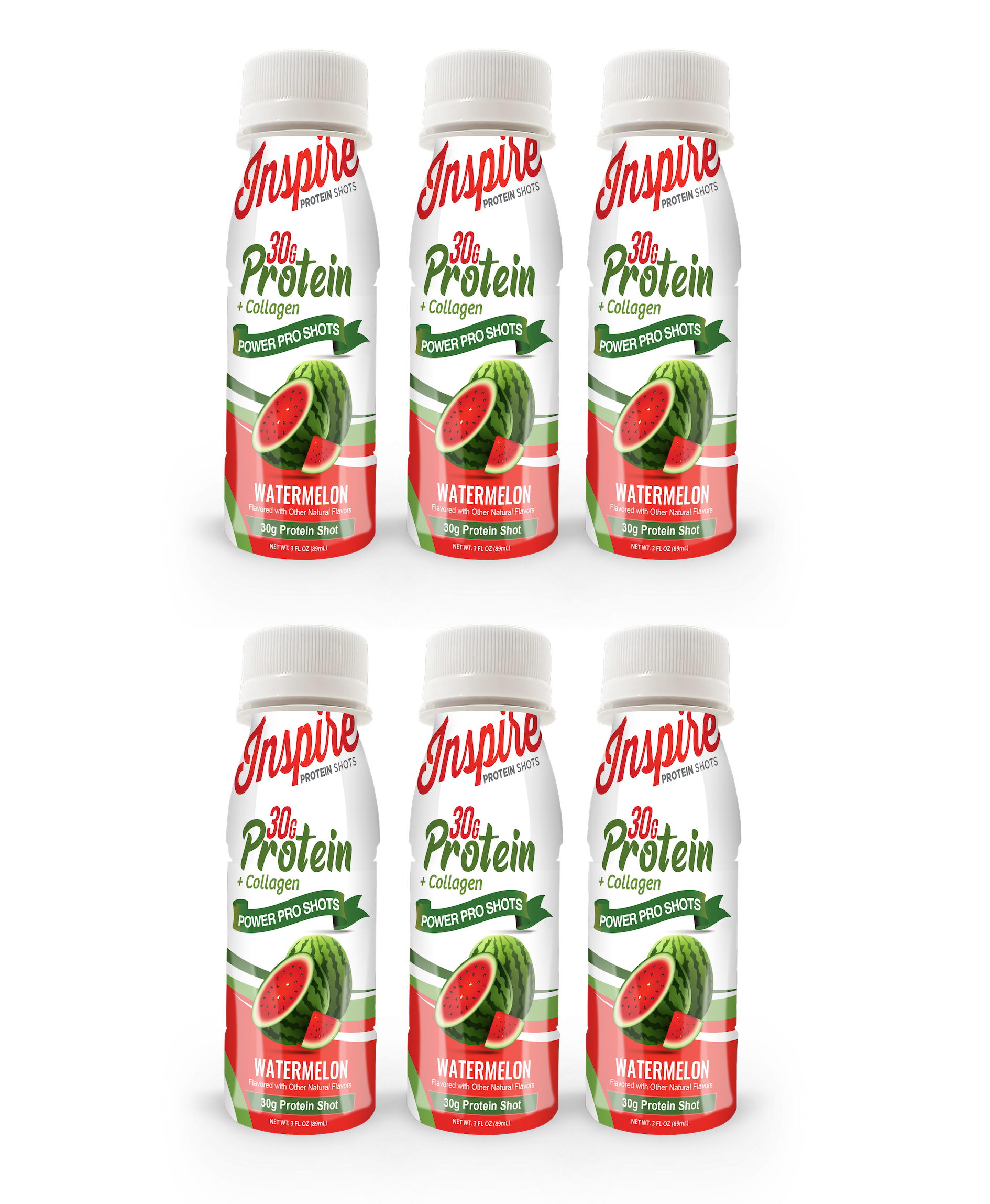Six bottles of Inspire Protein Shots, labeled with "30g Protein + Collagen" and "Watermelon," are arranged in two rows, showcasing a refreshing drink option for health enthusiasts.