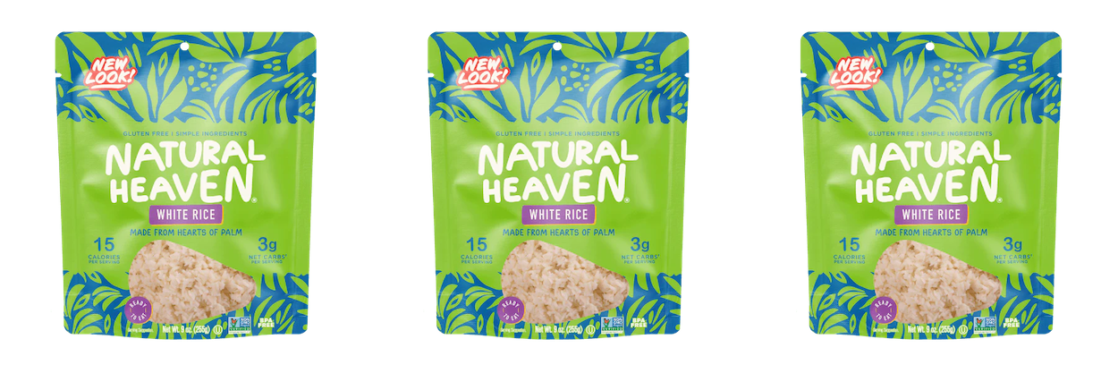 Three packages of Natural Heaven White Rice, featuring vibrant green packaging with tropical leaf designs, highlight that the product is gluten-free and made from hearts of palm, with nutritional information displayed.