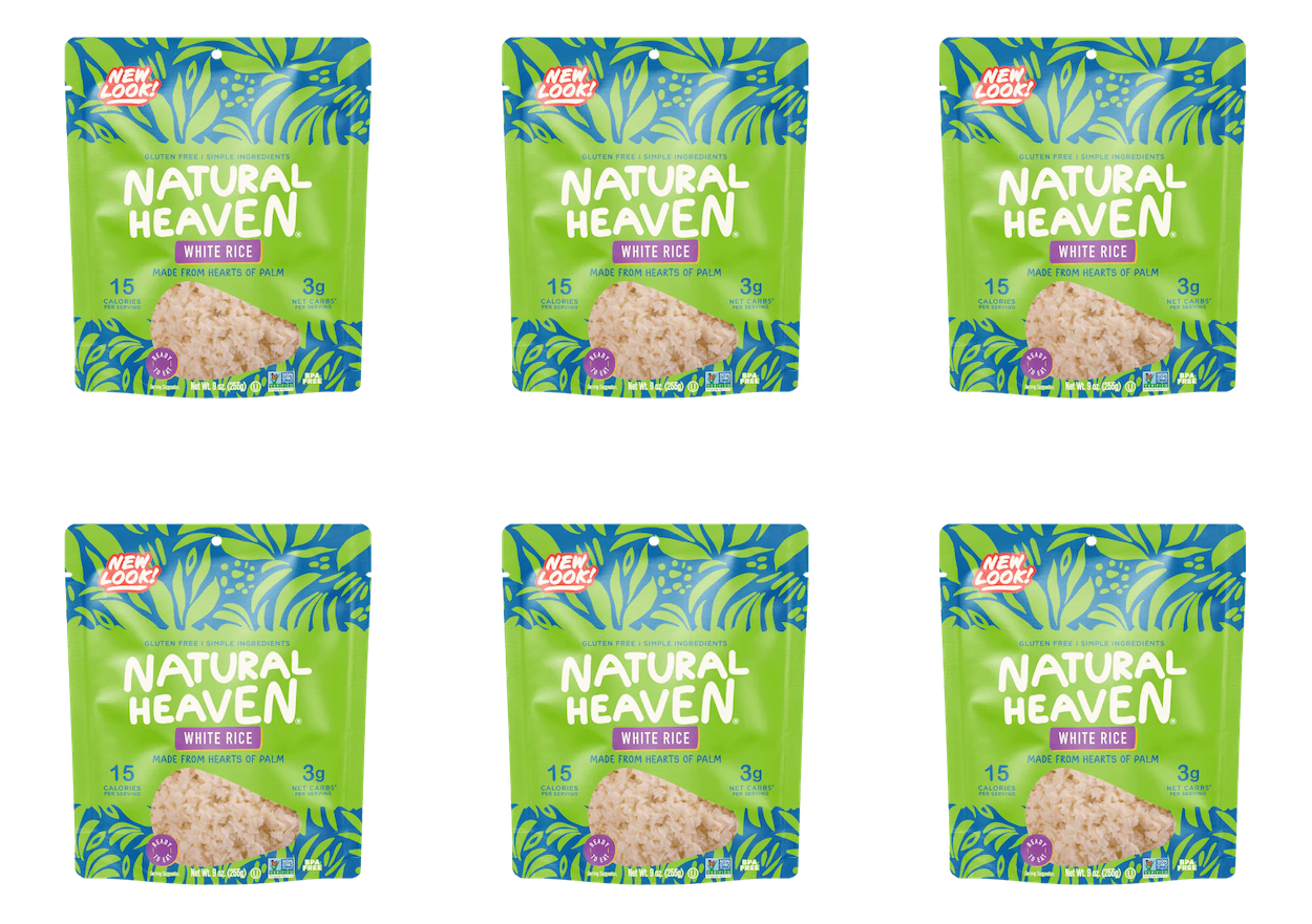 Six packages of Natural Heaven White Rice are arranged in two rows, each featuring a vibrant green design, highlighting that the product is gluten-free and made from hearts of palm.