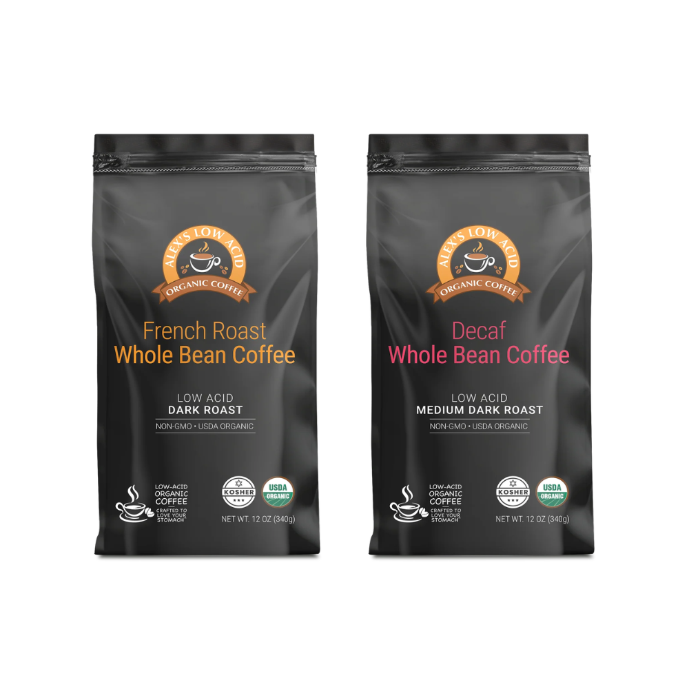 Two bags of whole bean coffee are displayed side by side, one labeled "French Roast" in orange as a low-acid dark roast and the other labeled "Decaf" in pink as a low-acid medium dark roast, both organic.