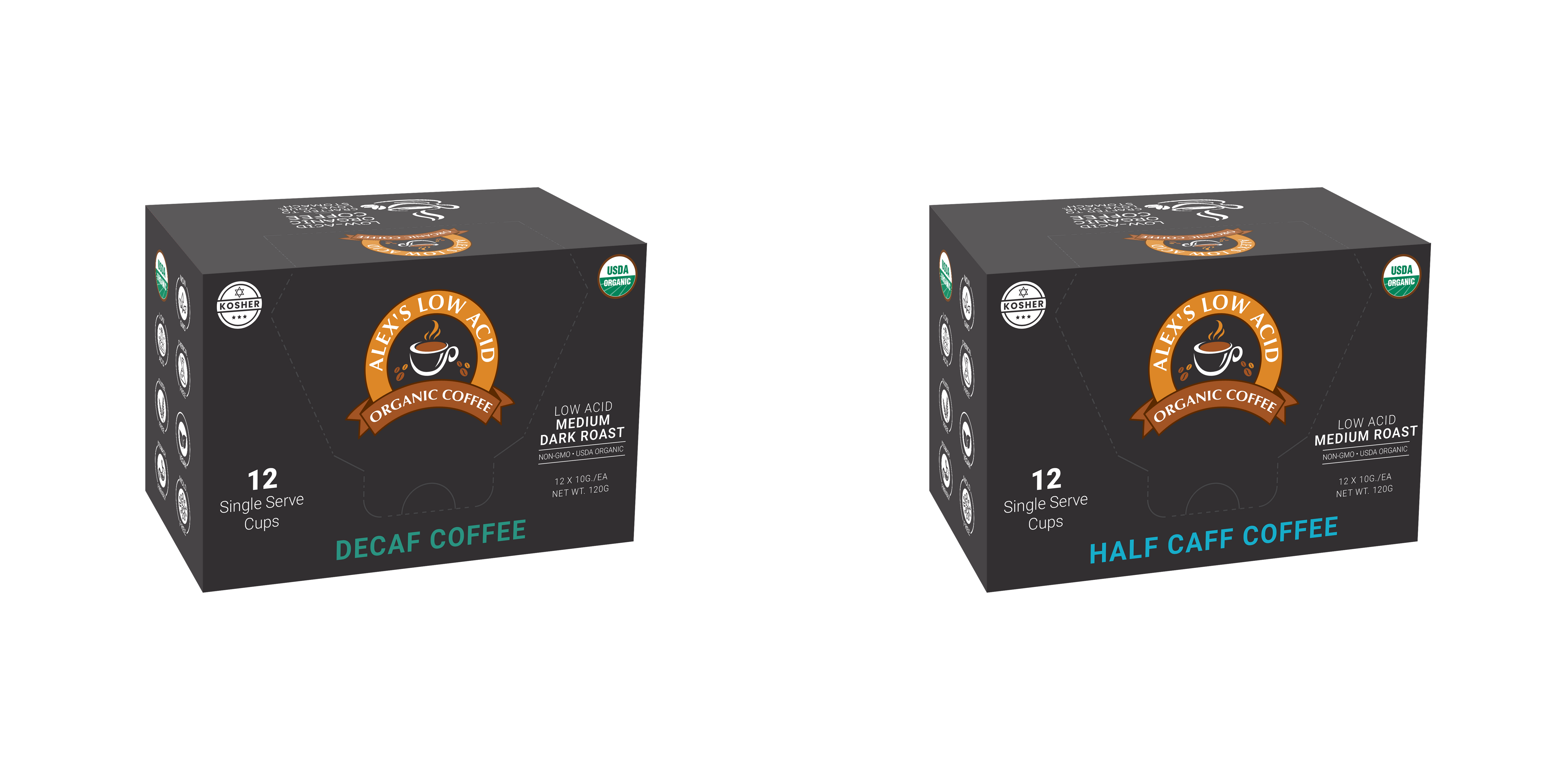 Two boxes of Alex's Low Acid Organic Coffee are displayed side by side, one labeled "Decaf Coffee" and the other "Half Caff Coffee," each containing 12 single-serve cups.