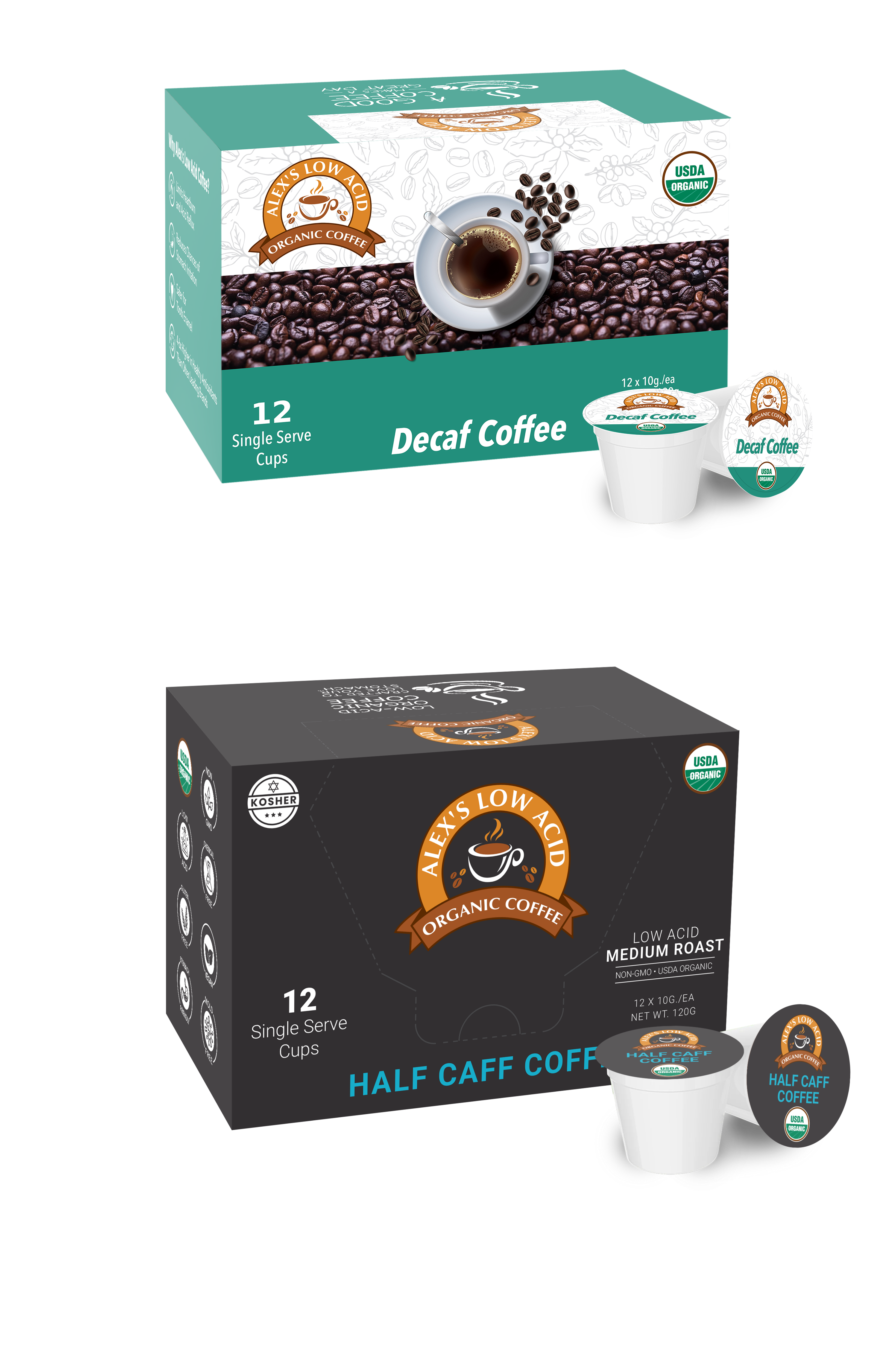 Two coffee product boxes are displayed: a green box labeled "Decaf Coffee" with a cup and coffee beans, and a black box labeled "Half Caff Coffee," both featuring single-serve cups and organic certifications.
