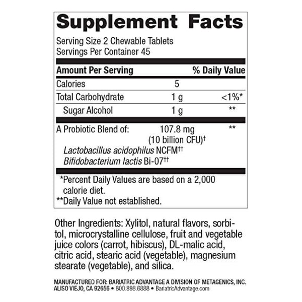Bariatric Advantage Chewable FloraVantage Probiotic 10 Billion CFU Tablets - Grape (90 Count)