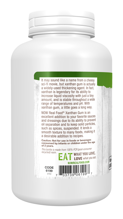 A white bottle of NOW Real Food® Xanthan Gum features a detailed label explaining its use as a thickening agent and its benefits in cooking, with a caution about not using it for young children.