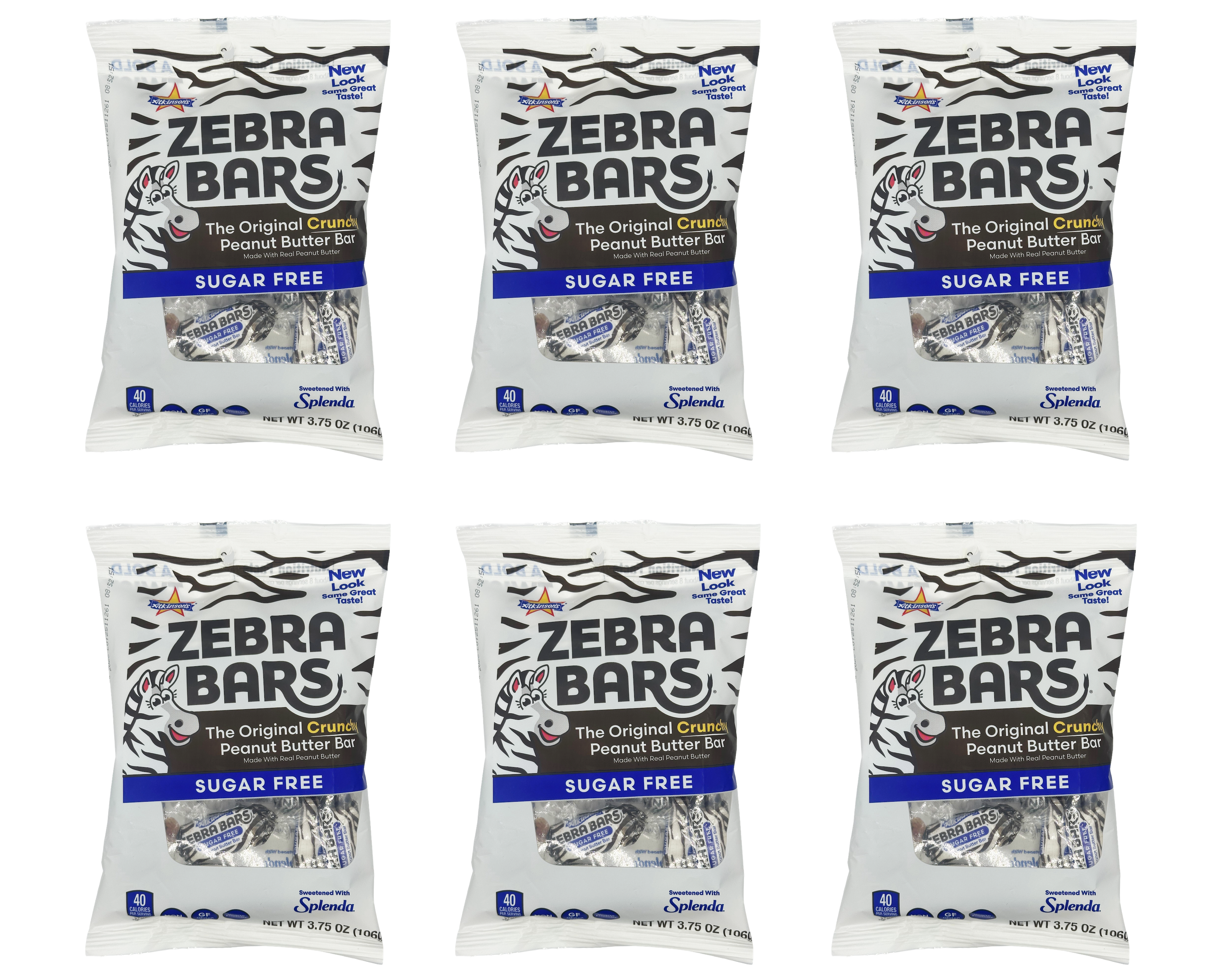 Six packages of Zebra Bars, a sugar-free peanut butter snack, are displayed in a grid, each featuring a zebra design and the text "The Original Crunch Peanut Butter Bar."
