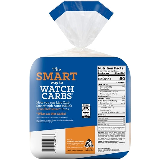Aunt Millie's Live Carb Smart Hamburger Bun, 8 buns - High-quality Bread Products by Aunt Millie's at BariatricPal Store