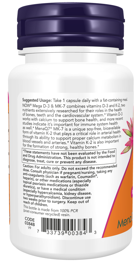 NOW Mega D-3 & MK-7 60 capsules - High-quality Vitamins by NOW at BariatricPal Store