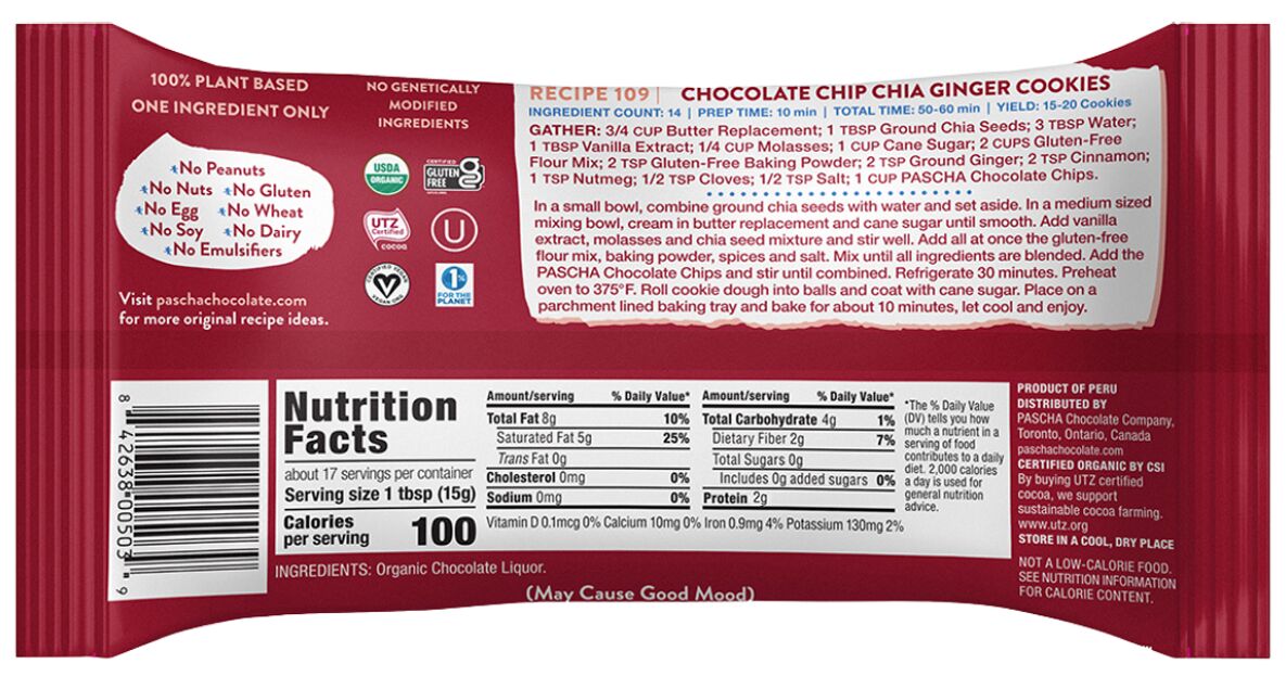 Pascha 100% Cacao Unsweetened Dark Chocolate Baking Chips 8.8 oz. - High-quality Baking Products by Pascha at BariatricPal Store