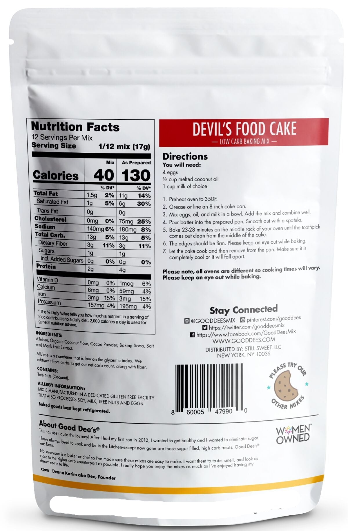 Good Dee's Low Carb Devil's Food Cake Baking Mix 7.2 oz - High-quality Baking Products by Good Dee's at BariatricPal Store