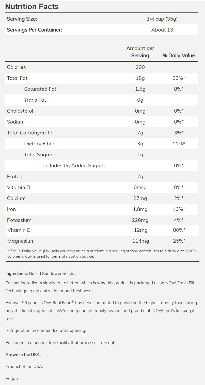 NOW Sunflower Seeds 16 oz - High-quality Nuts, Seeds and Fruits by NOW at BariatricPal Store