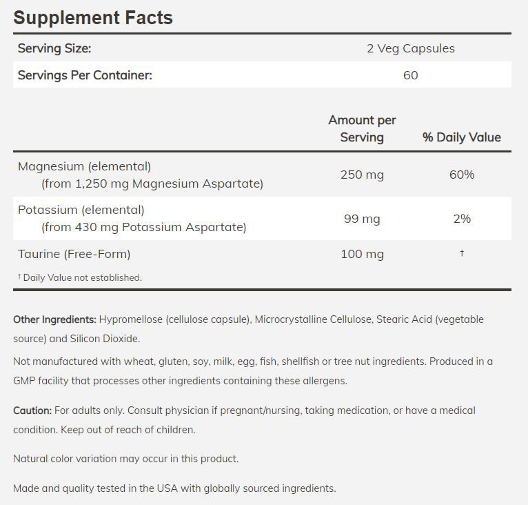 NOW Magnesium & Potassium Aspartate with Taurine 120 veg capsules - High-quality Gluten Free by NOW at 