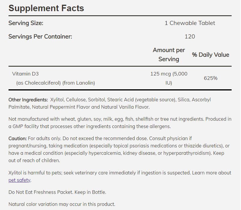 NOW Vitamin D-3, 5000 IU, Chewable 120 chewables - High-quality Vitamins by NOW at BariatricPal Store