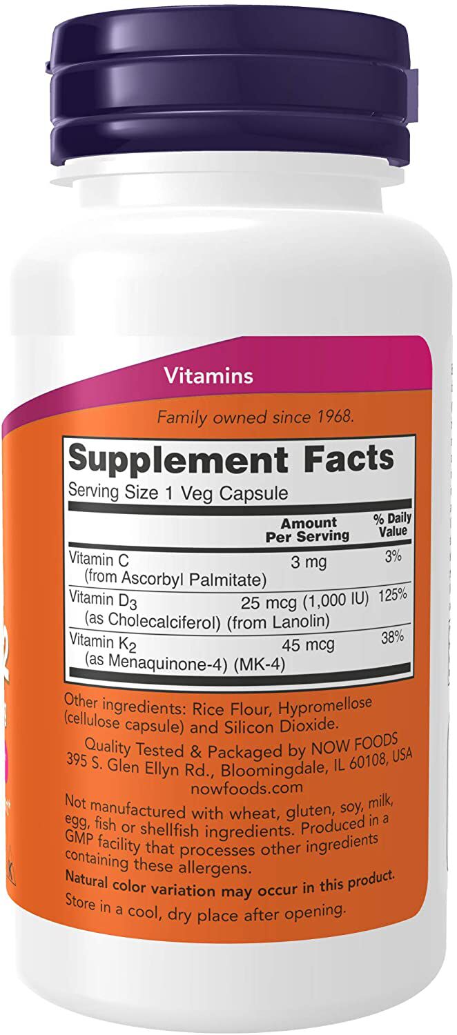 NOW Vitamin D-3 & K-2 120 veg capsules - High-quality Vitamins by NOW at 