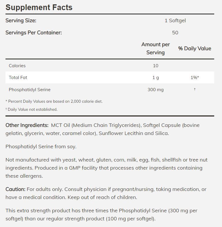 NOW Phosphatidyl Serine - Extra Strength, 300mg 50 softgels - High-quality Gluten Free by NOW at 