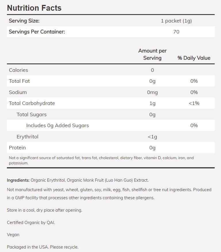 NOW Monk Fruit Packets, Organic 70 packets - High-quality Gluten Free by NOW at BariatricPal Store