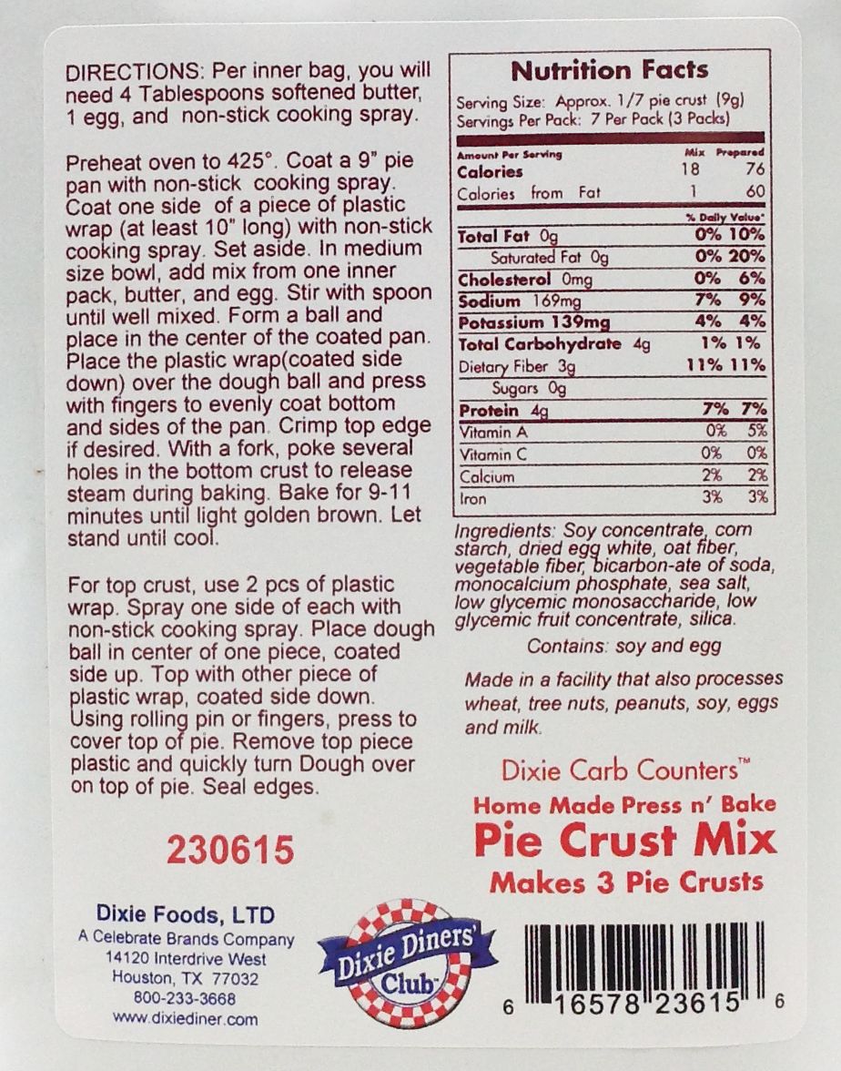 Dixie USA Carb Counters Press n' Bake Pie Crust Mix 6.5 oz. - High-quality Baking Products by Dixie USA at BariatricPal Store