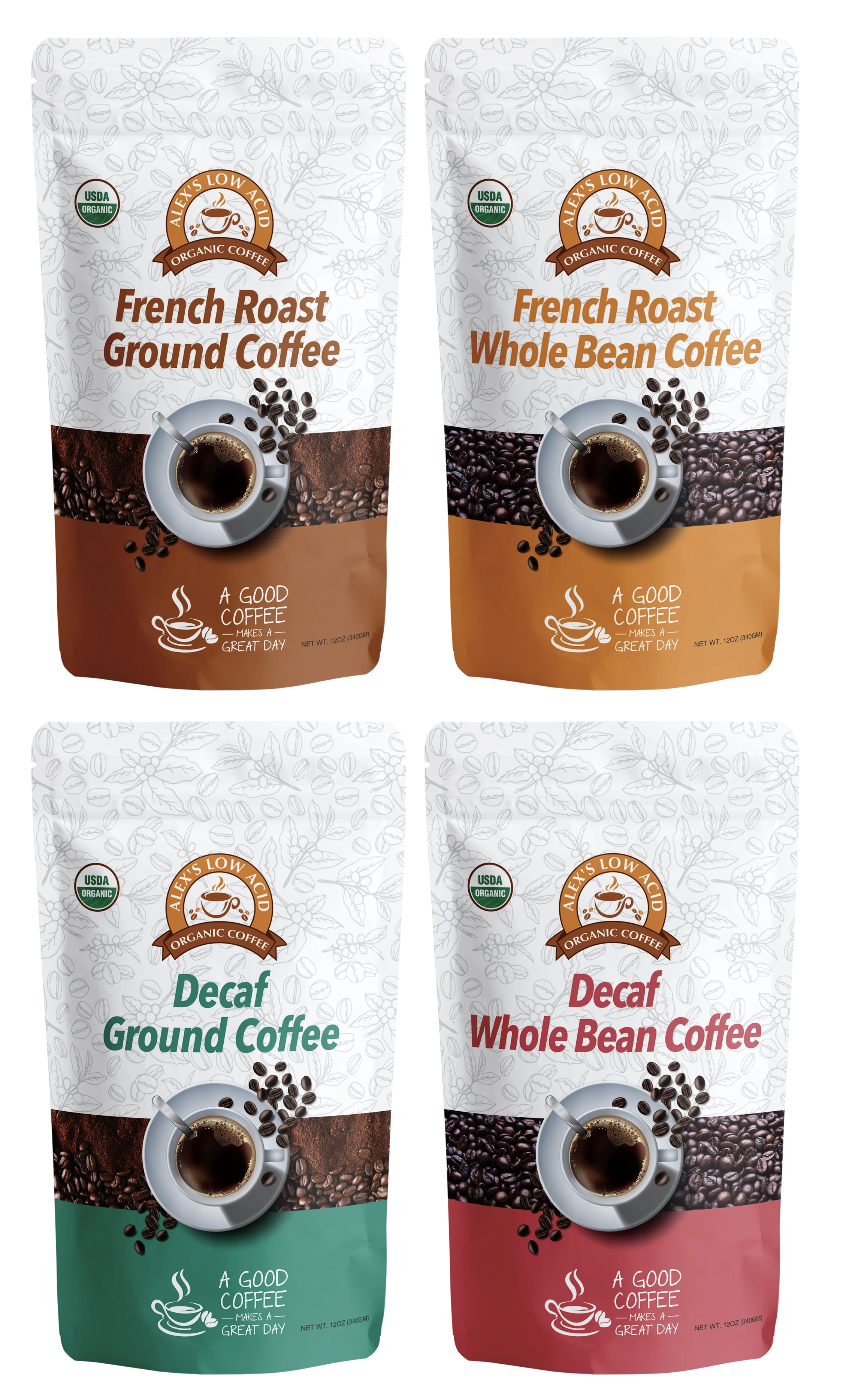 Alex's Low Acid Organic Coffee™ - 4-Bag Variety Pack (12oz) - High-quality Coffee by Alex's Low Acid Coffee at 