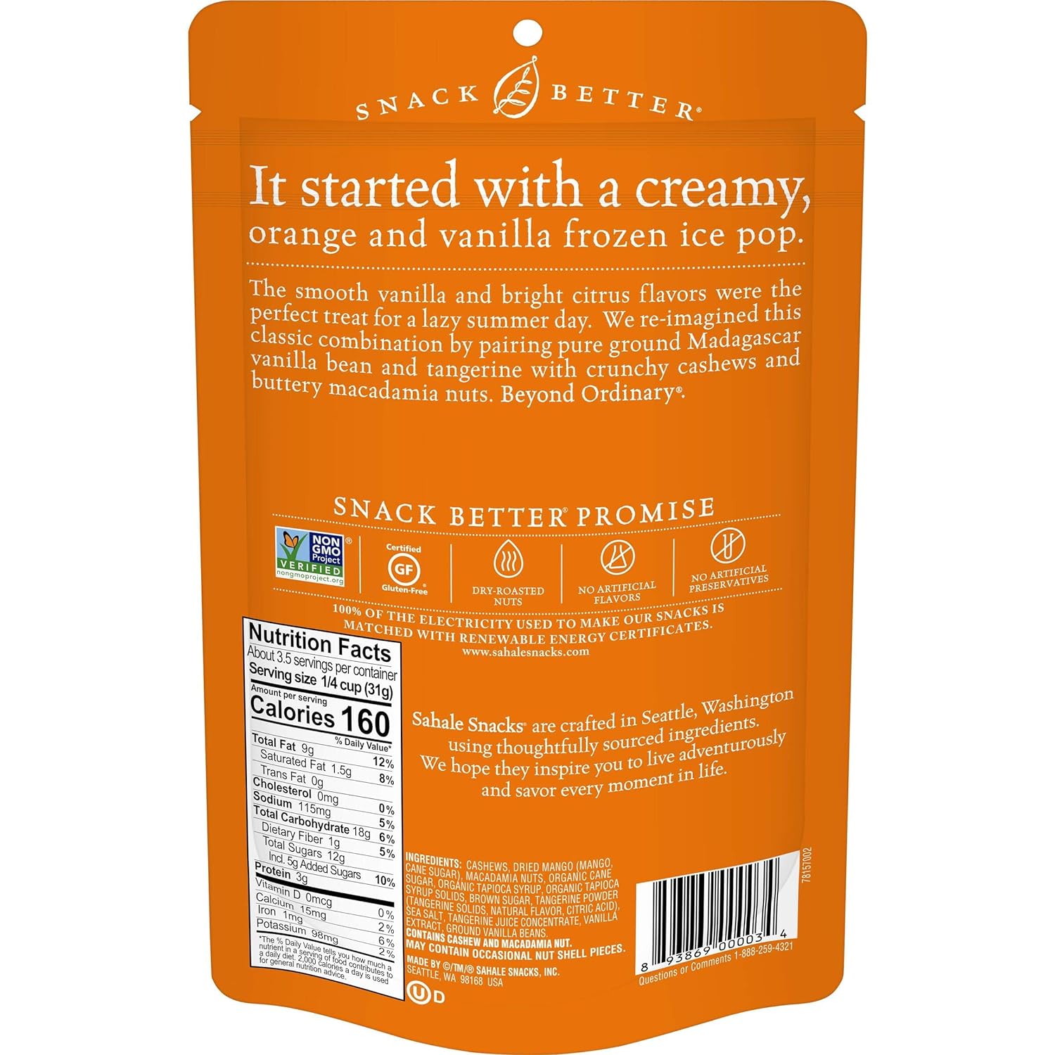 Sahale Snacks Tangerine Vanilla Cashew Macadamia Glazed Mix 4oz Bag - High-quality Nuts, Seeds and Fruits by Sahale Snacks at BariatricPal Store