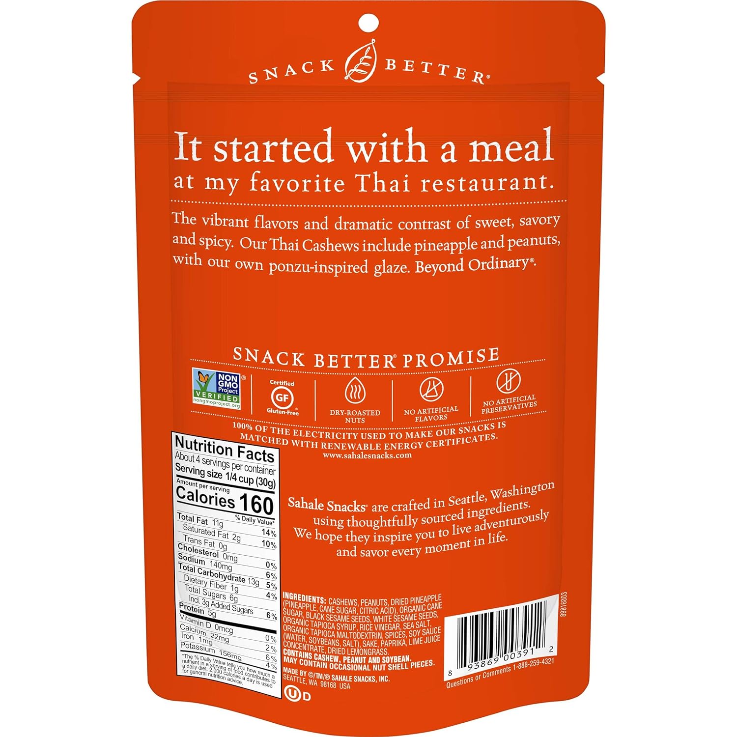 Sahale Snacks Thai Cashews Glazed Mix 4oz Bag - High-quality Nuts, Seeds and Fruits by Sahale Snacks at BariatricPal Store