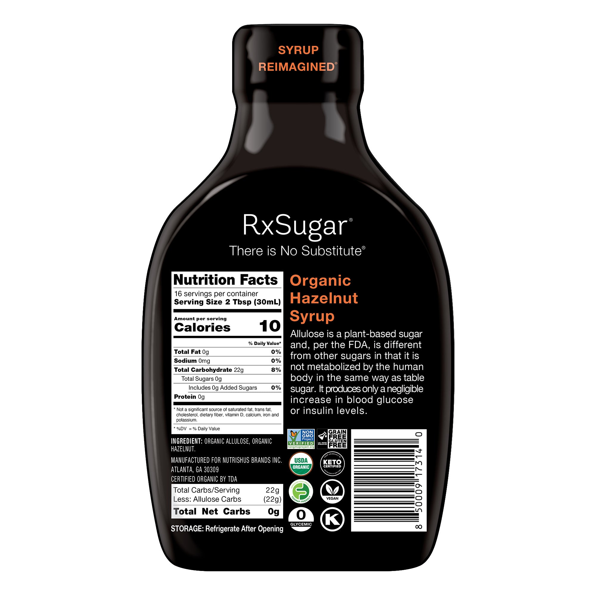 RxSugar Organic Syrup (16 oz) - Hazelnut - High-quality Syrups by RxSugar at BariatricPal Store