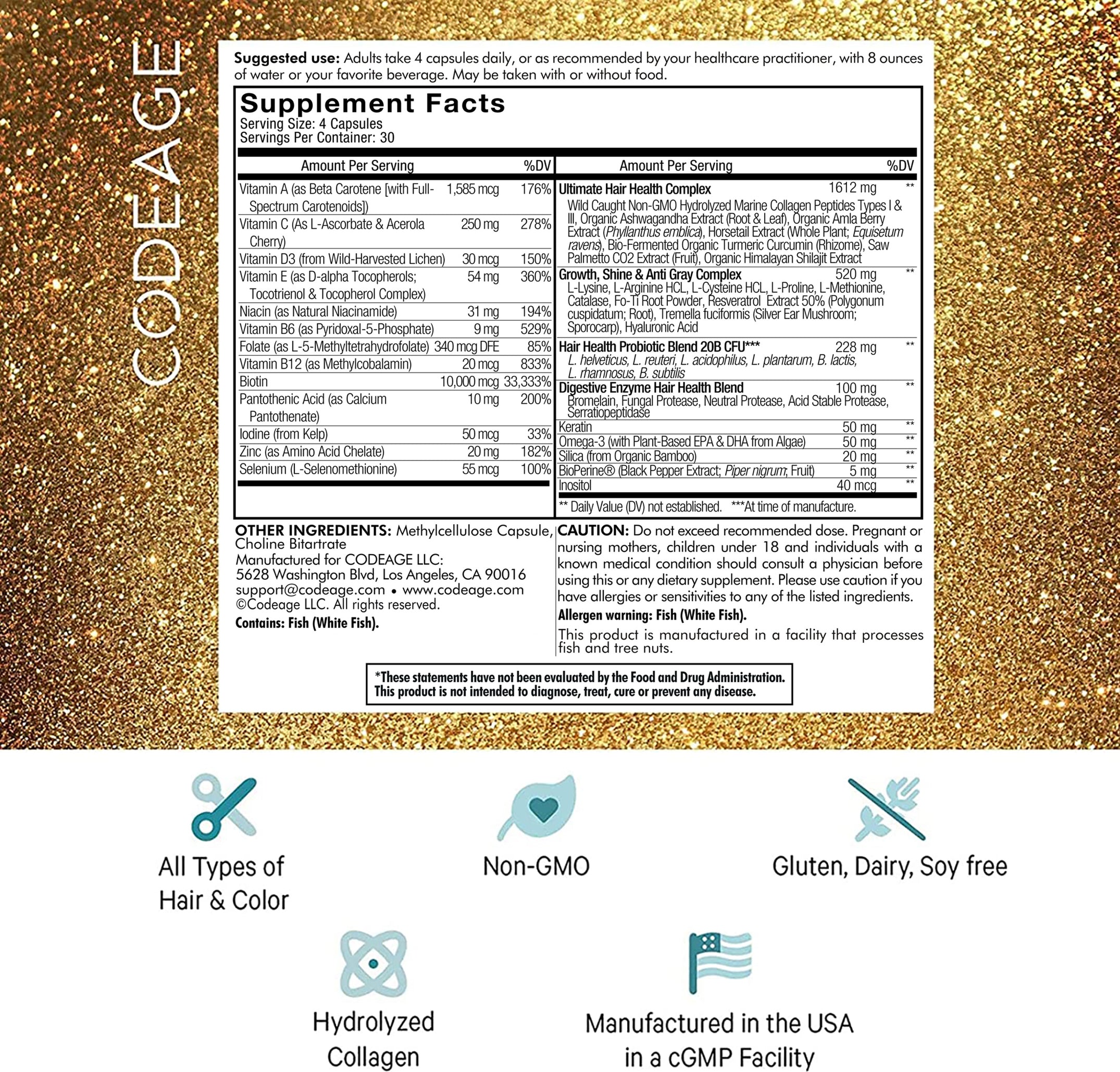 Hair Vitamins with Biotin 10000 mcg Keratin Collagen Zinc Inositol Hair Support Supplement by Codeage - High-quality Hair, Skin & Nails by Codeage at BariatricPal Store