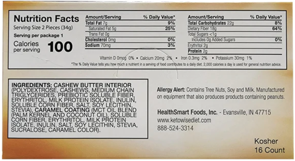 Keto Wise Fat Bombs - Cashew Caramel 16/Box - High-quality Candies by HealthSmart at BariatricPal Store