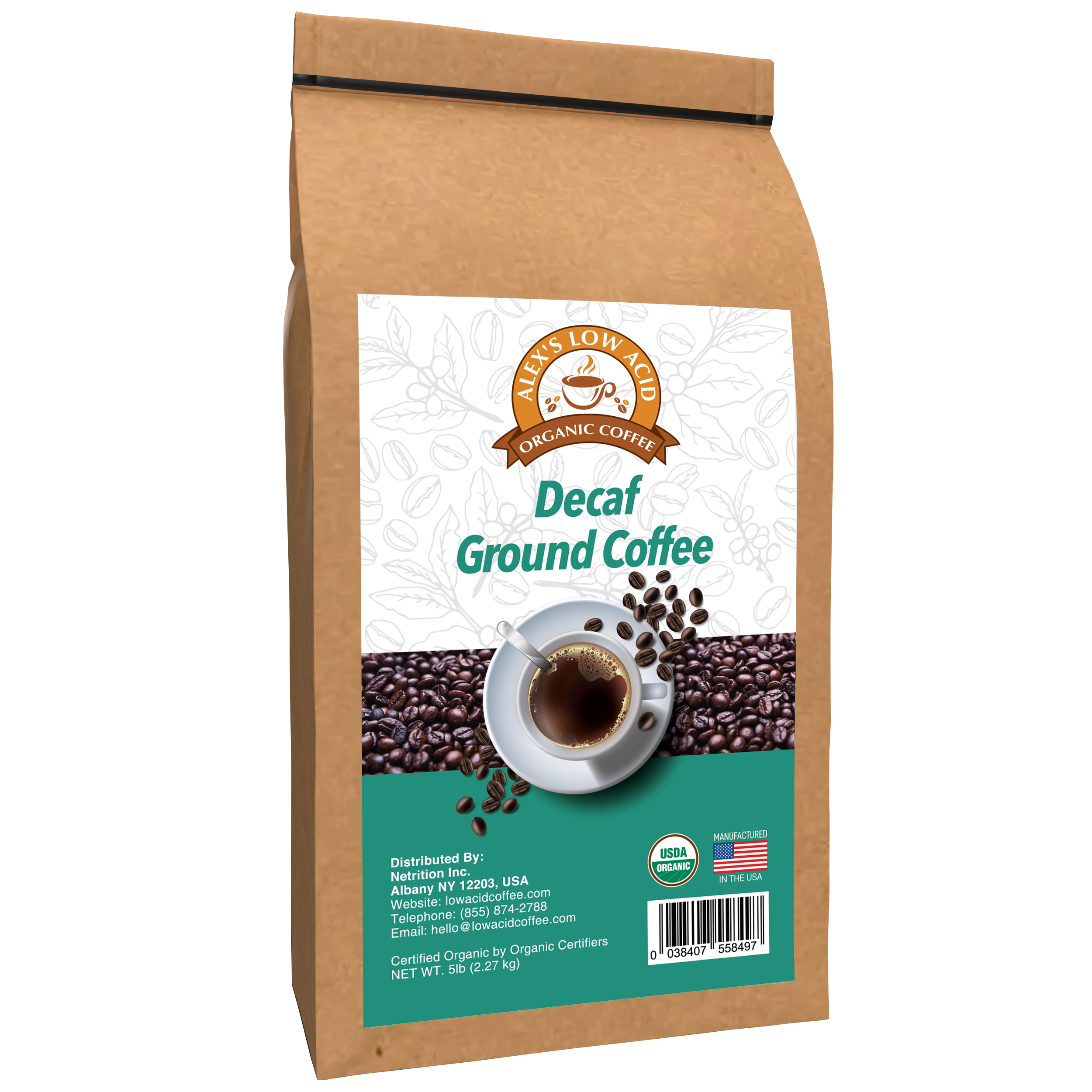 Alex's Low Acid Organic Coffee™ - Decaf Fresh Ground (5lbs) - High-quality Coffee by Alex's Low Acid Coffee at BariatricPal Store