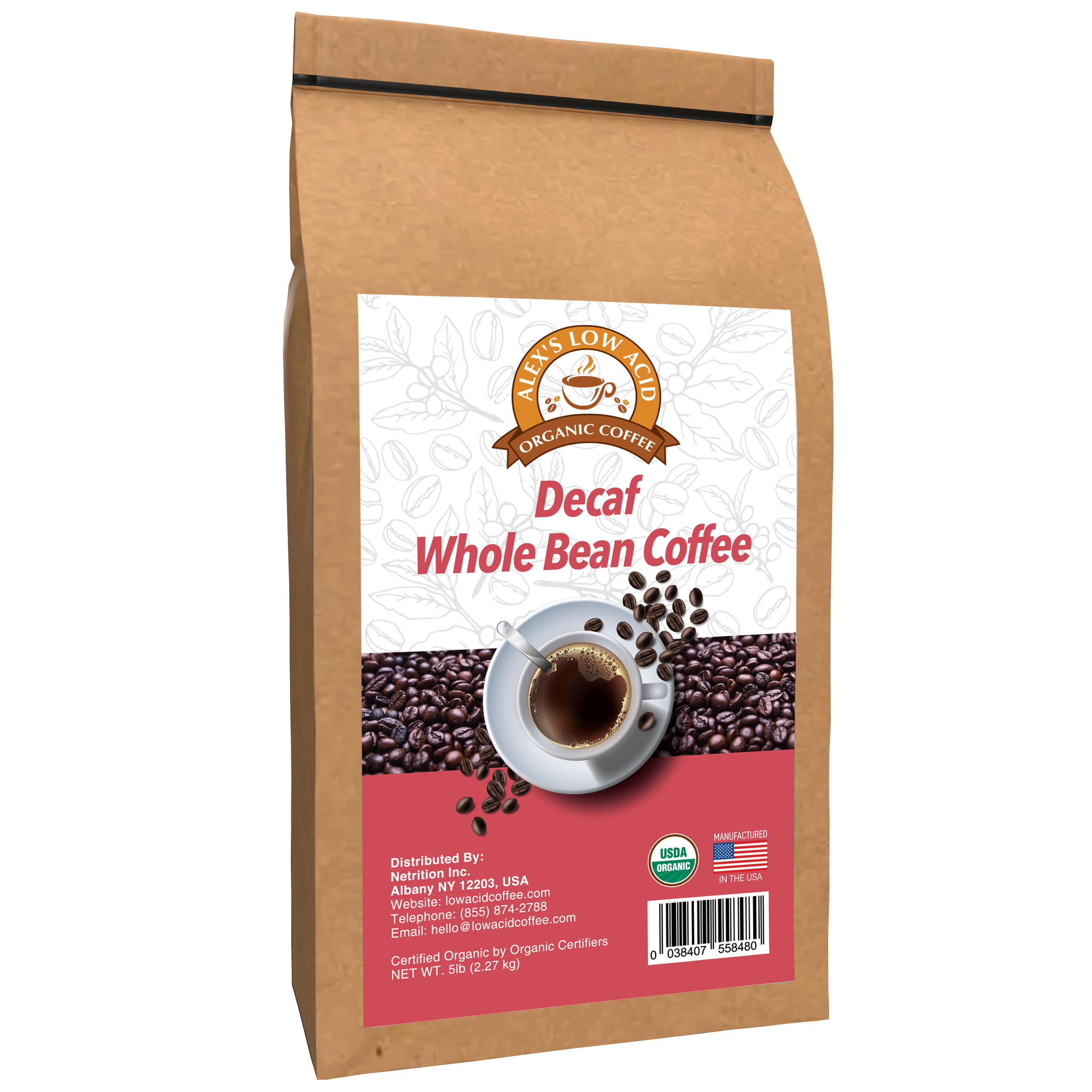 Alex's Low Acid Organic Coffee™ - Decaf Whole Bean (5lbs) - High-quality Coffee by Alex's Low Acid Coffee at BariatricPal Store