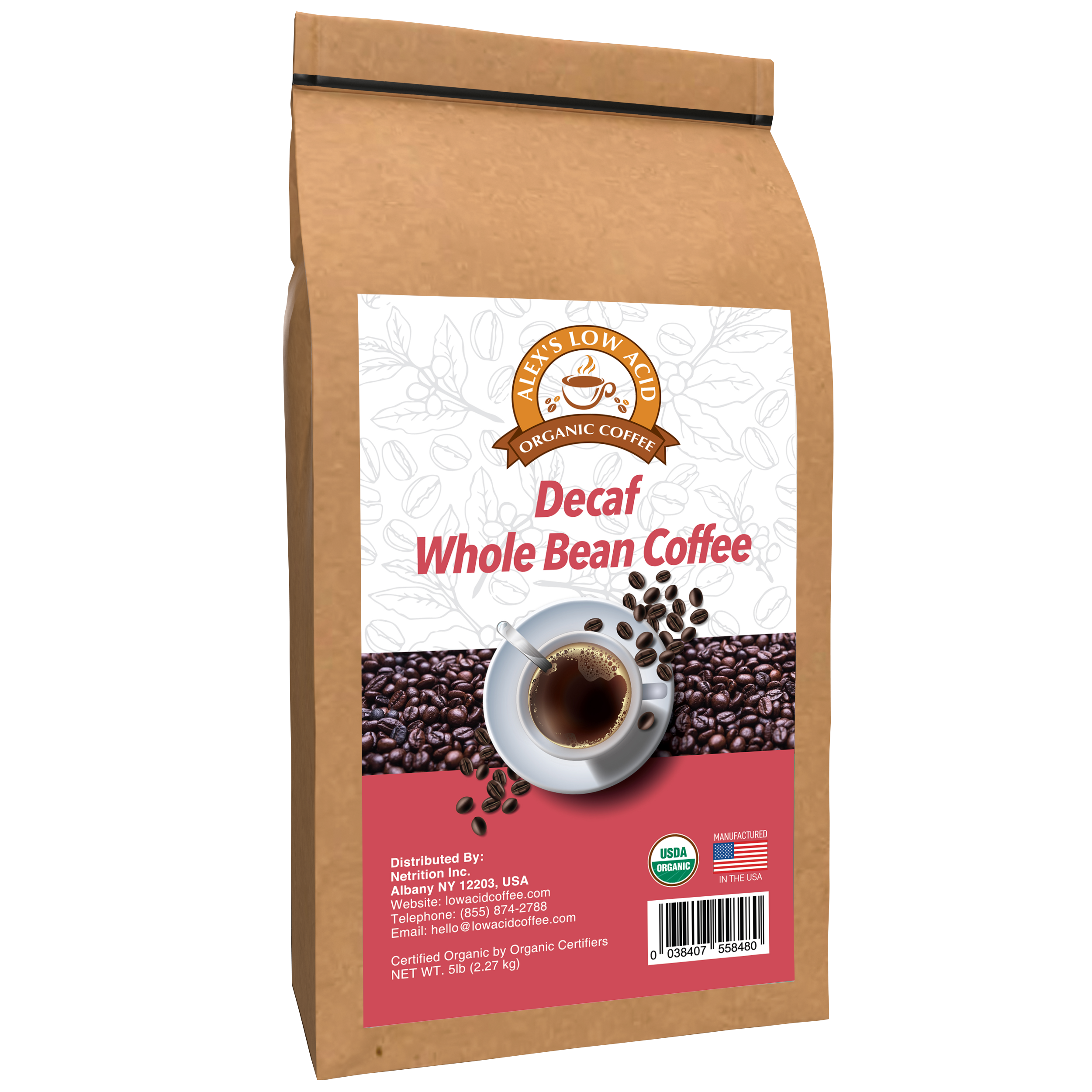 Alex's Low Acid Organic Coffee™ - Decaf Whole Bean (5lbs) - High-quality Coffee by Alex's Low Acid Coffee at 