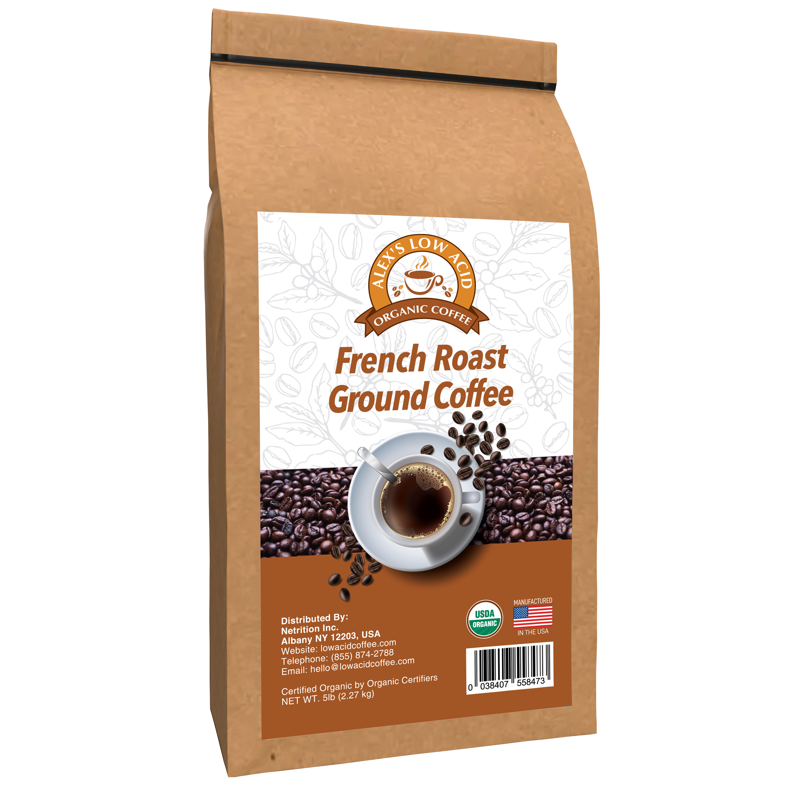 Alex's Low Acid Organic Coffee™ - French Roast Fresh Ground (5lbs) - High-quality Coffee by Alex's Low Acid Coffee at BariatricPal Store