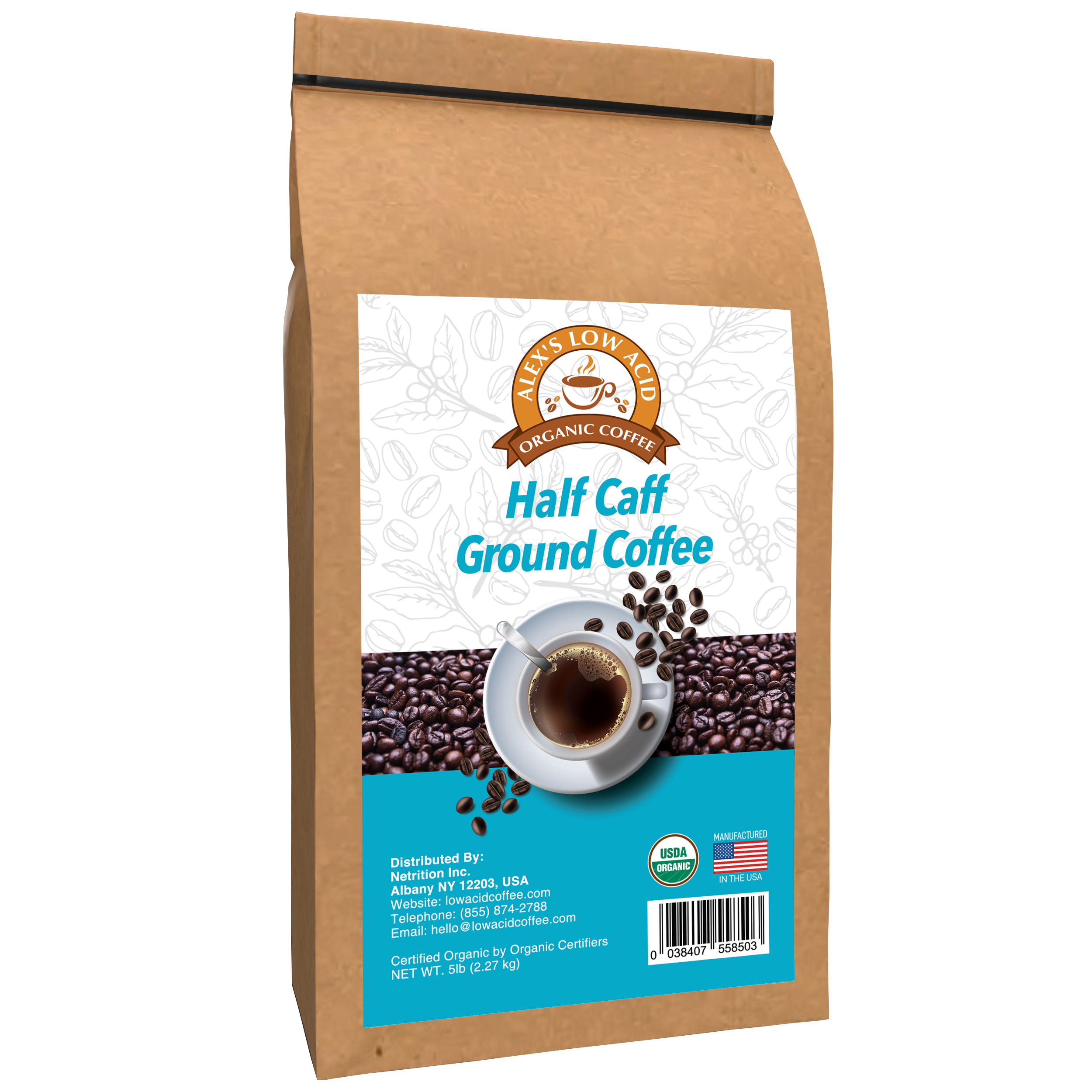 Alex's Low Acid Organic Coffee™ - Half Caff Fresh Ground (5lbs) - High-quality Coffee by Alex's Low Acid Coffee at BariatricPal Store