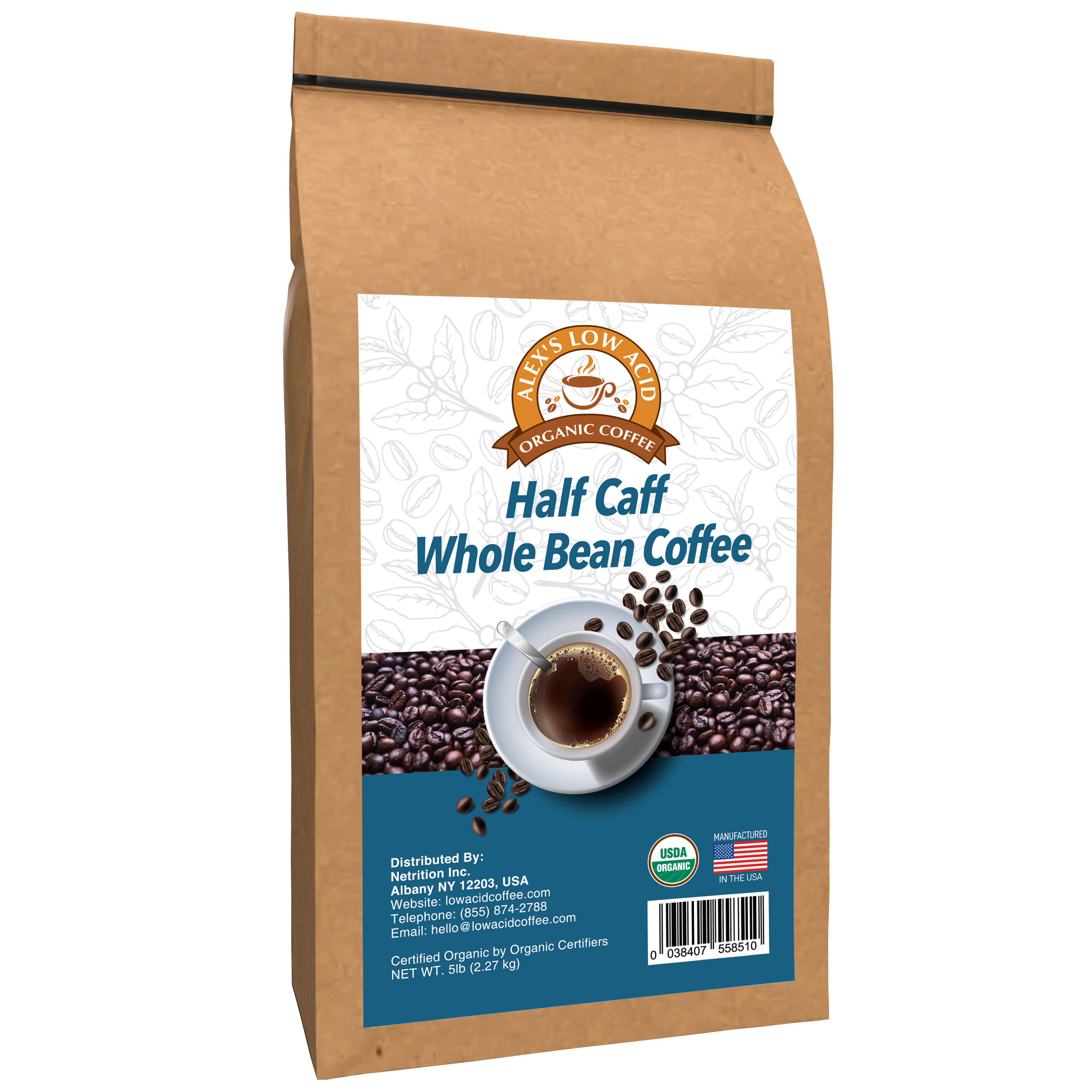 Alex's Low Acid Organic Coffee™ - Half Caff Whole Bean (5lbs) - High-quality Coffee by Alex's Low Acid Coffee at BariatricPal Store