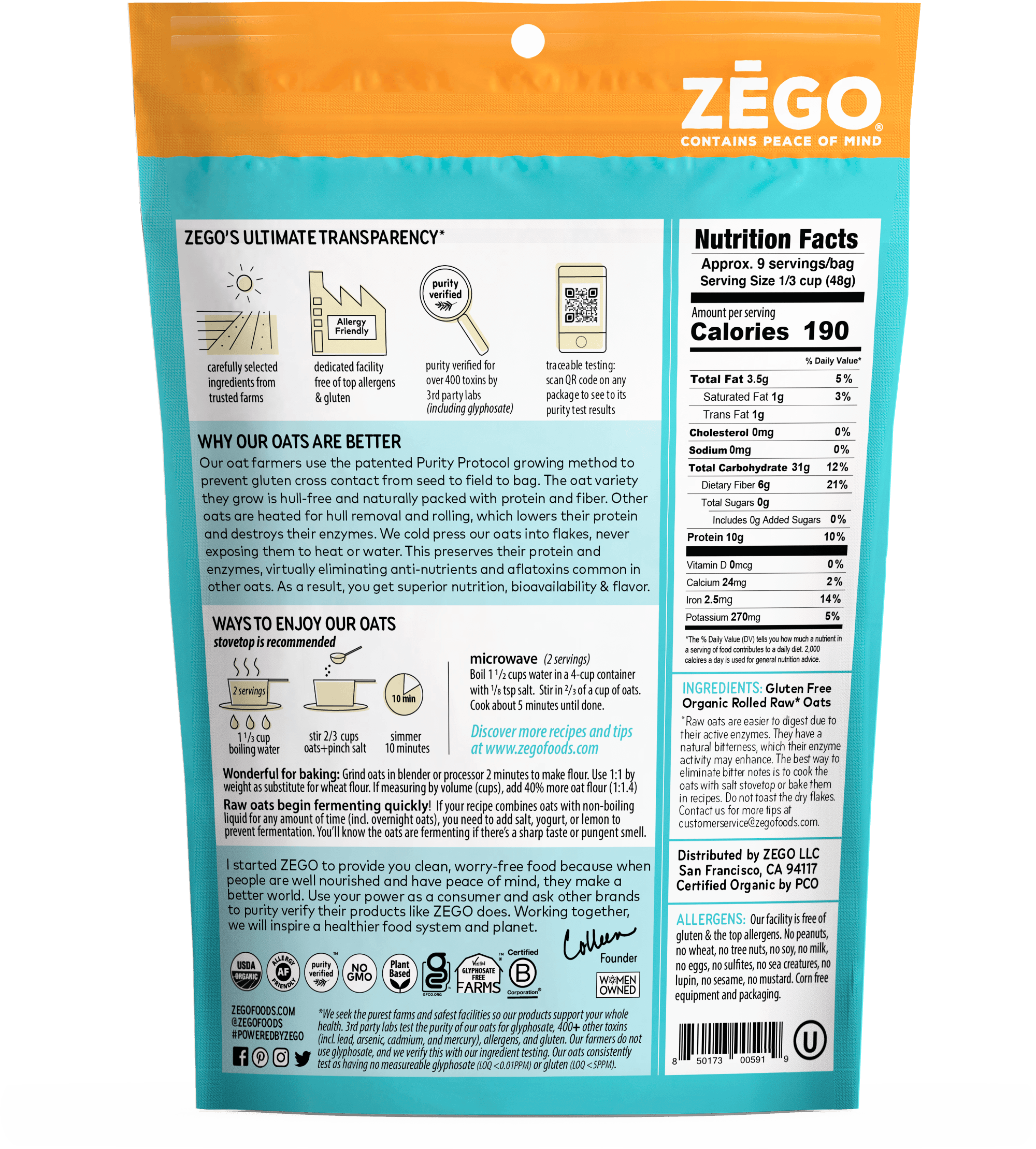Zego Organic Double Protein Oats 14 oz. Bag - High-quality Oatmeal by Zego Foods at BariatricPal Store