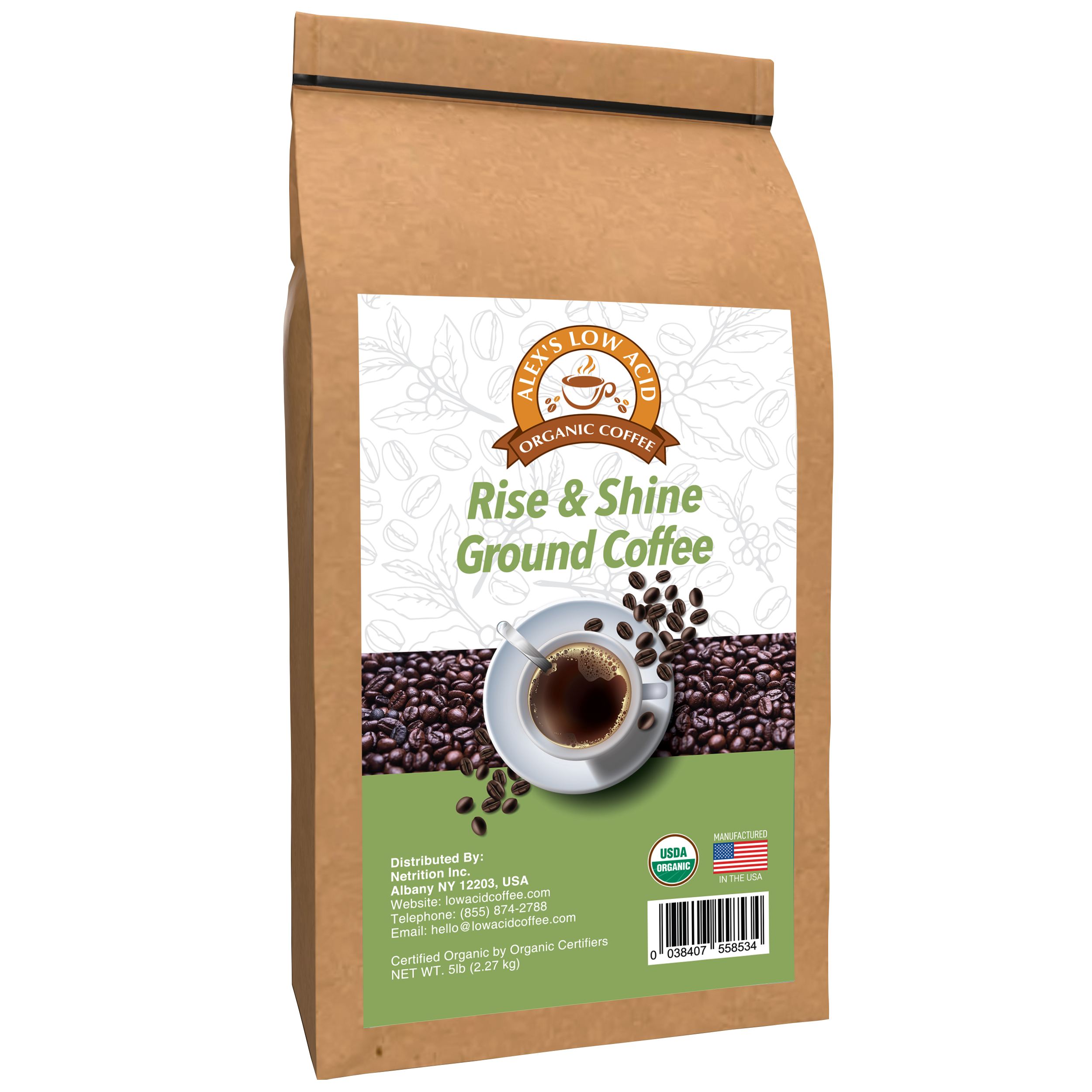 Alex's Low Acid Organic Coffee™ - Rise and Shine Fresh Ground (5lbs) - High-quality Coffee by Alex's Low Acid Coffee at BariatricPal Store