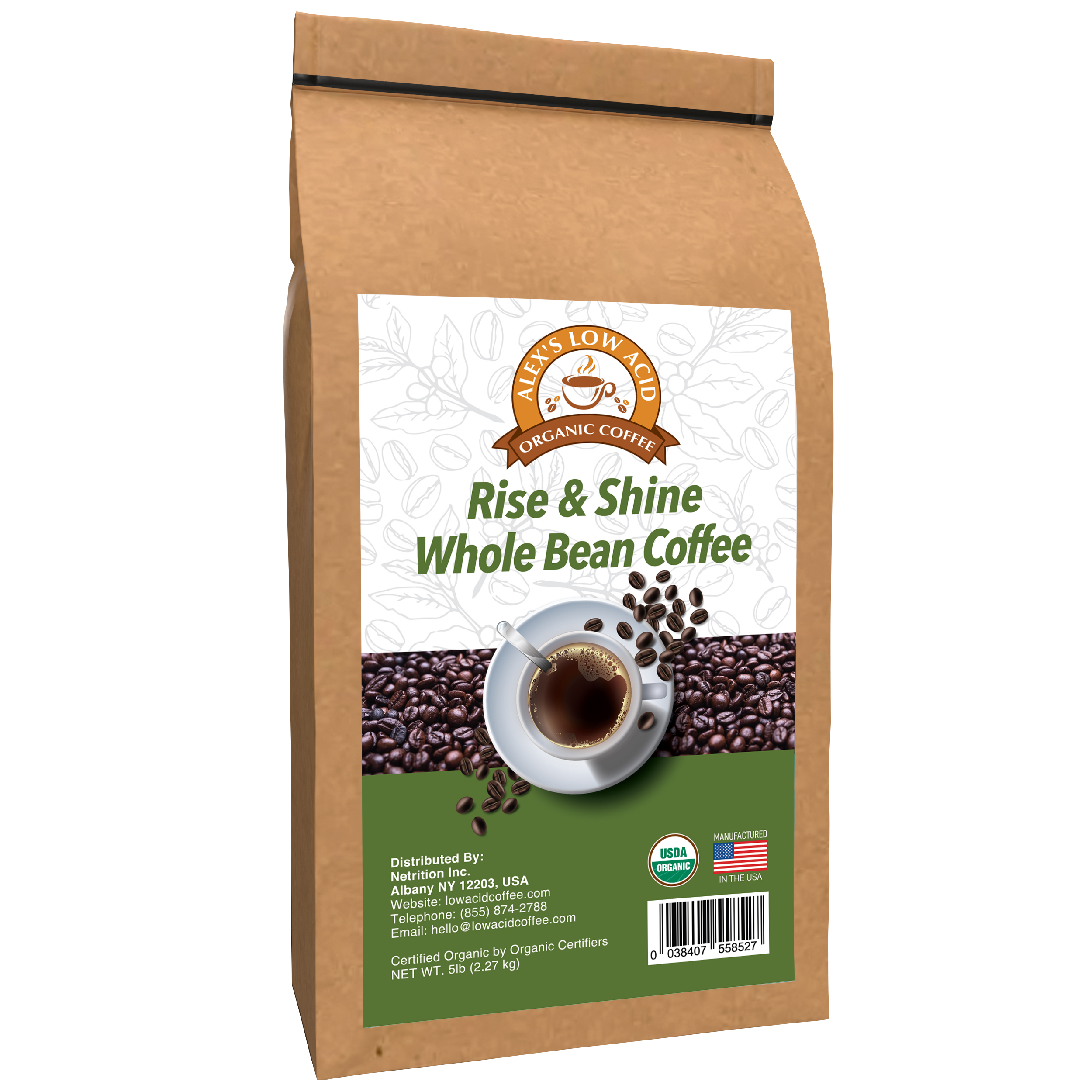 Alex's Low Acid Organic Coffee™ - Rise and Shine Whole Bean (5lbs) - High-quality Coffee by Alex's Low Acid Coffee at BariatricPal Store