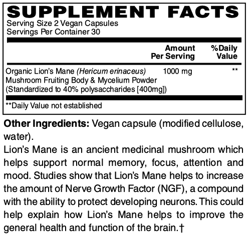 Certified Organic & Vegan US Grown Lion's Mane Mushroom Capsules by Netrition - High-quality Memory by Netrition at BariatricPal Store