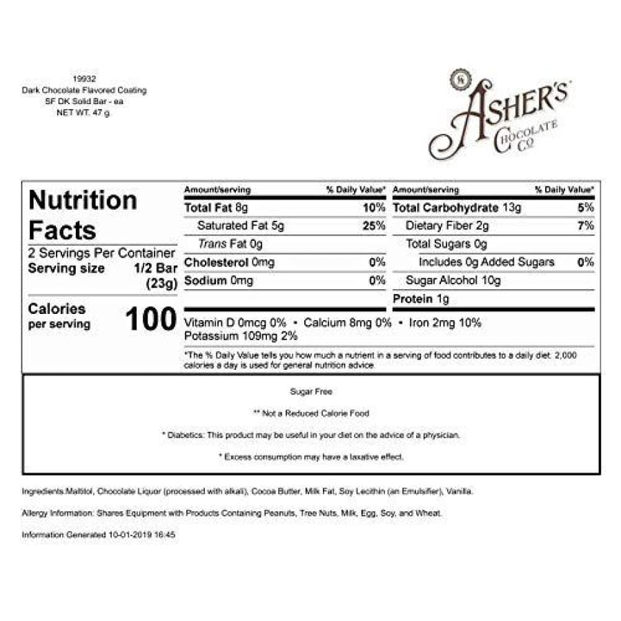 Asher's Chocolate Sugar-Free Chocolate Bars - Dark Chocolate - High-quality Chocolate Bar by Asher's Chocolate at BariatricPal Store