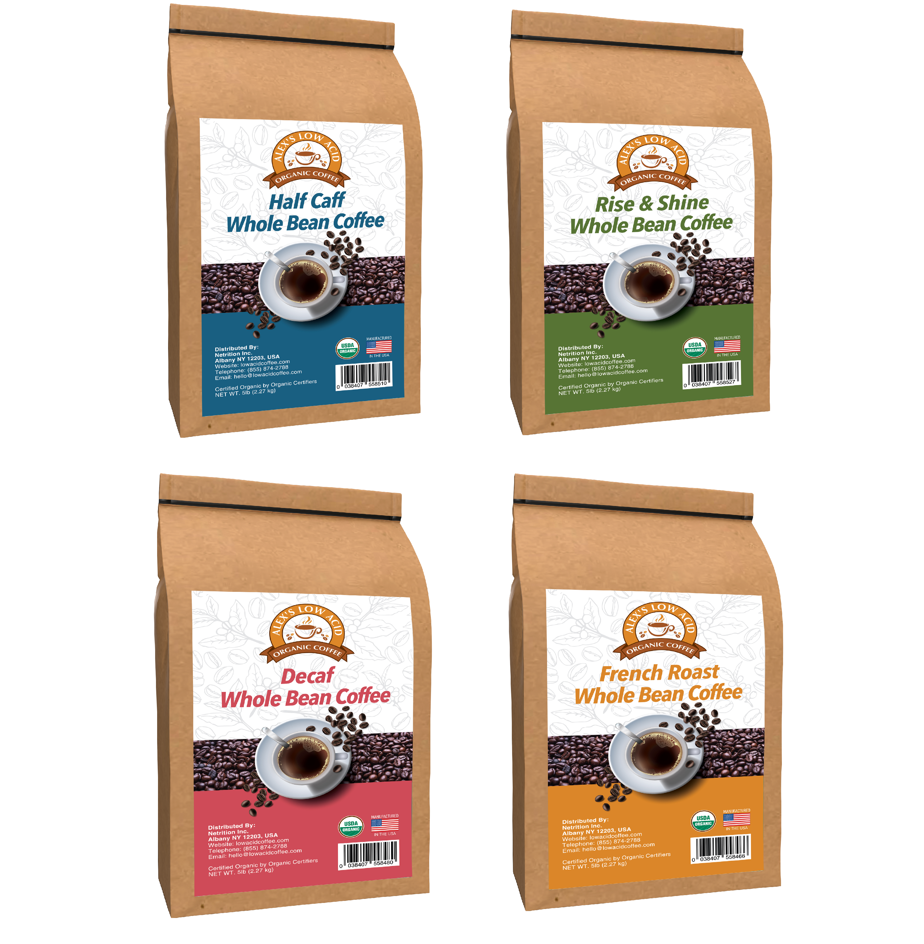 Alex's Low Acid Organic Coffee™ 5lb Bag Whole Bean Variety Pack - High-quality Coffee by Alex's Low Acid Coffee at BariatricPal Store