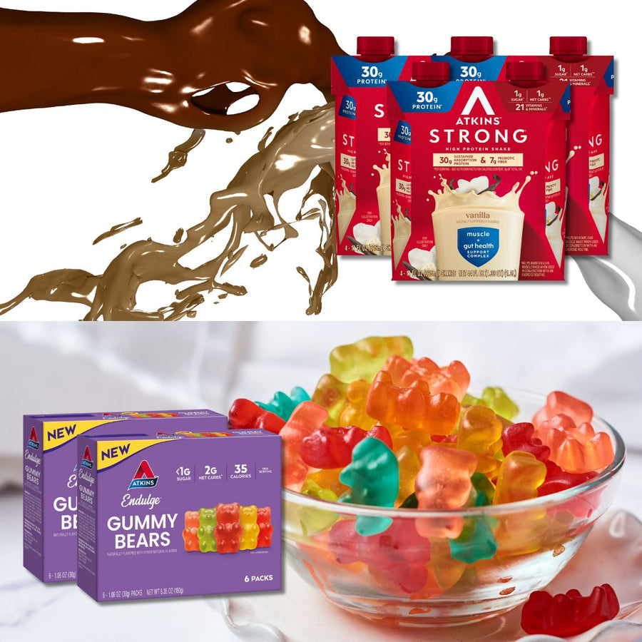 A hand splashes chocolate while protein shakes in red cartons are displayed above, and colorful gummy bears are arranged in a clear bowl next to their packaging, highlighting a fun approach to wellness.