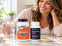 Woman holding a glass of water in a bright kitchen with NOW Omega-3 1,000 mg Fish Oil and BariatricPal Multivitamin ONE 45mg Iron as part of her daily supplement routine.